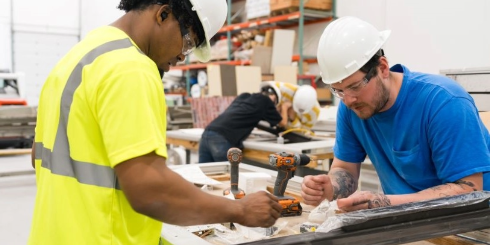 Two men at a training facility wearing hard hats and safety glasses.